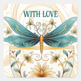 Spring dachte Whimsical Blue und Gold Dragonfly Quadratischer Aufkleber