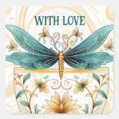 Spring dachte Whimsical Blue und Gold Dragonfly Quadratischer Aufkleber (Vorderseite)