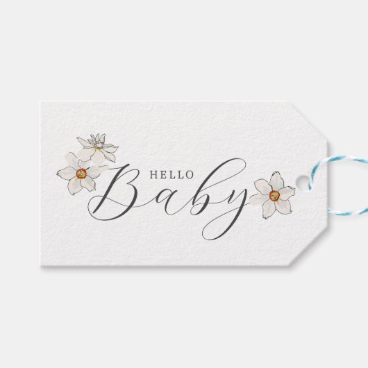Spring Daffodil Hello Baby Script Baby Dusche Geschenkanhänger (Vorderseite (Horizontal))