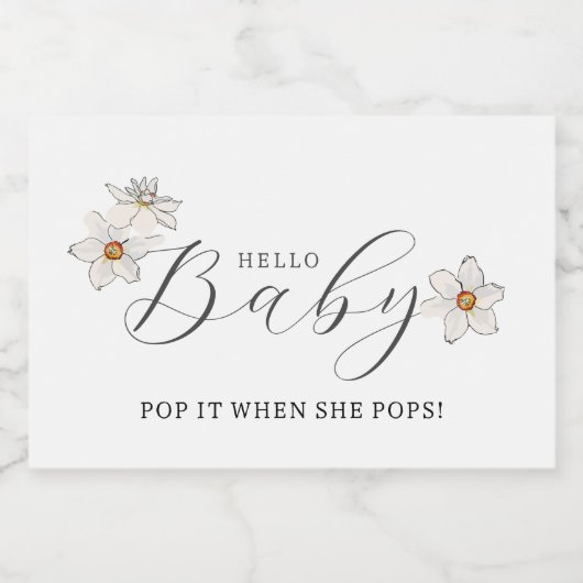 Spring Daffodil Hello Baby Script Baby Dusche Schaumweinetikett (Einzelnes Label)