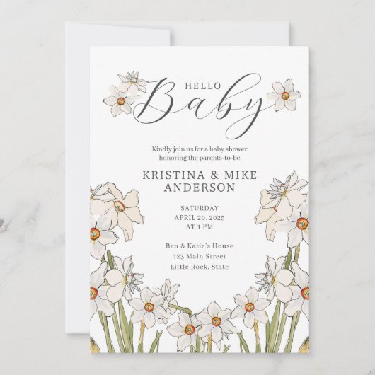 Spring Daffodil QR Code Hello Baby Shower Einladung (Vorderseite)