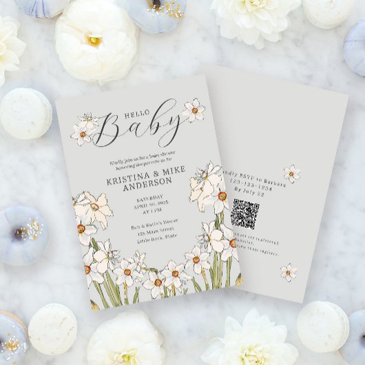 Spring Daffodil QR Code Hello Baby Shower Einladung
