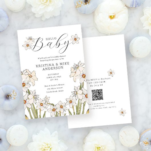 Spring Daffodil QR Code Hello Baby Shower Einladung