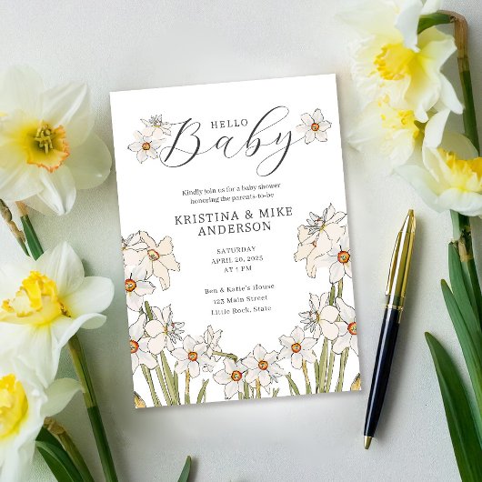 Spring Daffodil QR Code Hello Baby Shower Einladung