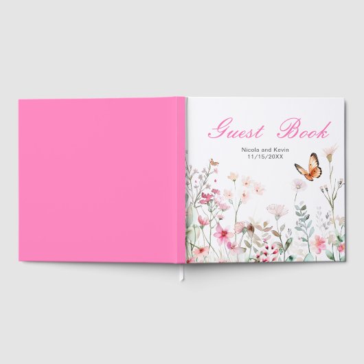 Spring Deep Pink Butterfly Floral Wedding Gästebuch (Voll)