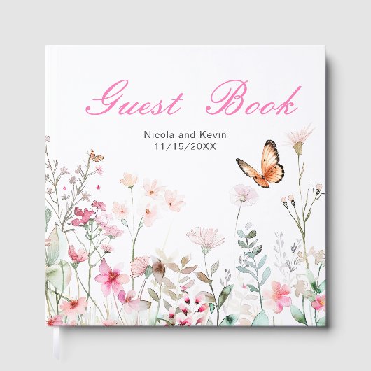 Spring Deep Pink Butterfly Floral Wedding Gästebuch (Vorderseite)