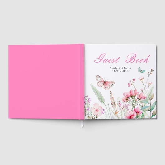 Spring Deep Pink Butterfly Floral Wedding Gästebuch (Voll)