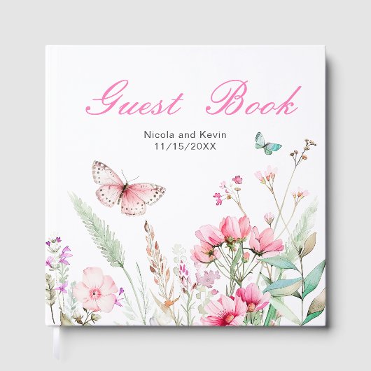 Spring Deep Pink Butterfly Floral Wedding Gästebuch (Vorderseite)