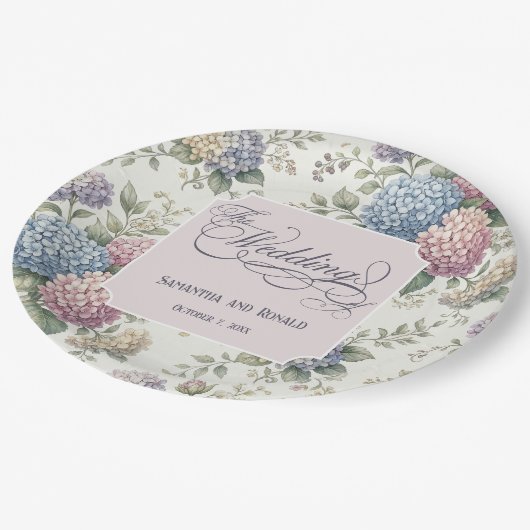 Spring Delicate Hydrangea Flowers Wedding Pappteller (Schrägansicht)