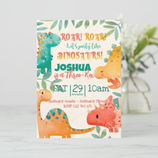 Spring Dinosaurier Einladung (Stehend Vorderseite)