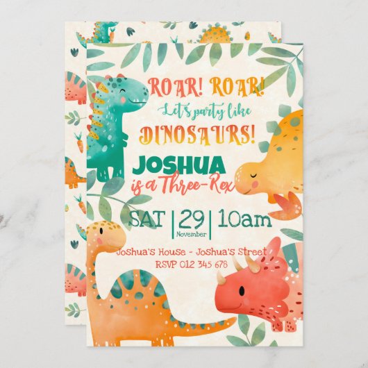 Spring Dinosaurier Einladung (Vorne/Hinten)