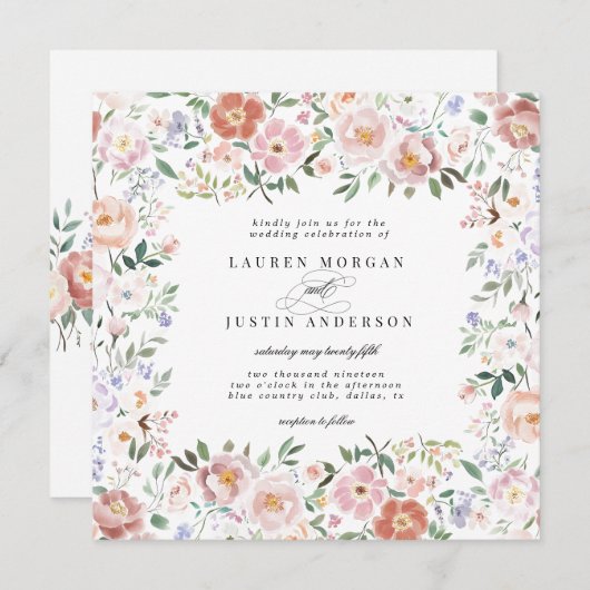 Spring Ditsy Blush Floral Square Hochzeit Einladung (Vorne/Hinten)