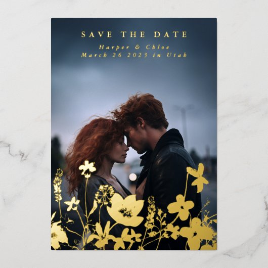 Spring Elegante Wildblume Boho Foto Save the Date Folieneinladung (Vorderseite)