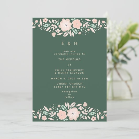 Spring Emerald Green Boho Small Florals Wedding Einladung (Stehend Vorderseite)