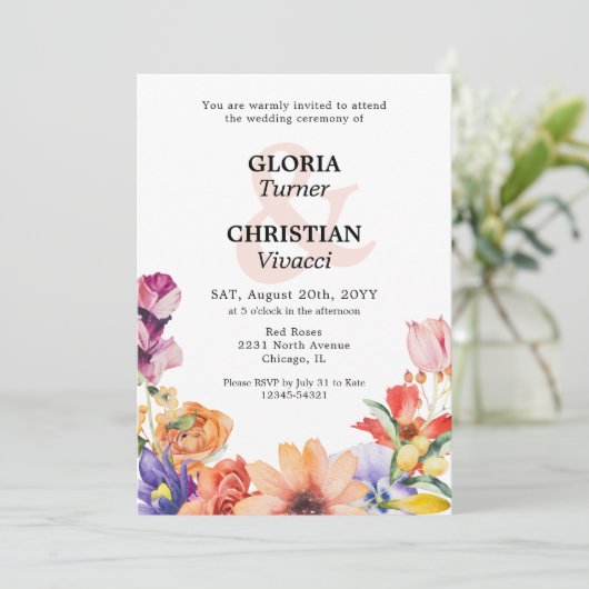 Spring Floral Ampersand QR Code Hochzeit Einladung (Stehend Vorderseite)