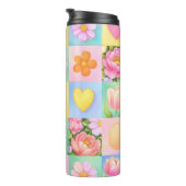 Spring Floral Blossoms Heart Checkerboard Pattern Thermosbecher (Nach rechts gedreht)
