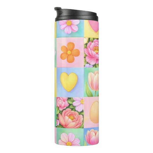 Spring Floral Blossoms Heart Checkerboard Pattern Thermosbecher (Nach rechts gedreht)