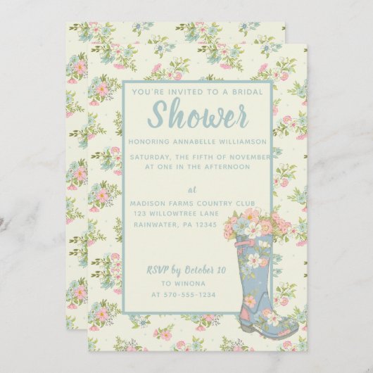 Spring Floral Blue Rain Boot Polterabend Einladung (Vorne/Hinten)
