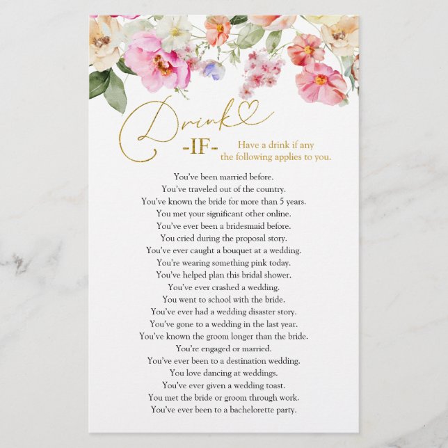 Spring Floral Bridal Shower Drink If Game Cards (Vorderseite)