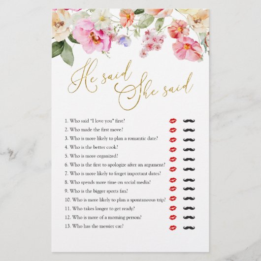 Spring Floral Bridal Shower He Said She Said Game (Vorderseite)
