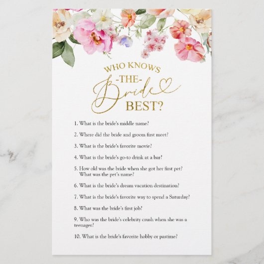 Spring Floral Bridal Shower Knows The Bride Game  (Vorderseite)