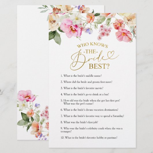 Spring Floral Bridal Shower Knows The Bride Game  (Vorne/Hinten)