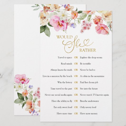 Spring Floral Bridal Shower Would She Rather Game (Vorne/Hinten)