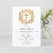 Spring Floral Daffodil Wreath 1st Holy Communion Einladung (Stehend Vorderseite)