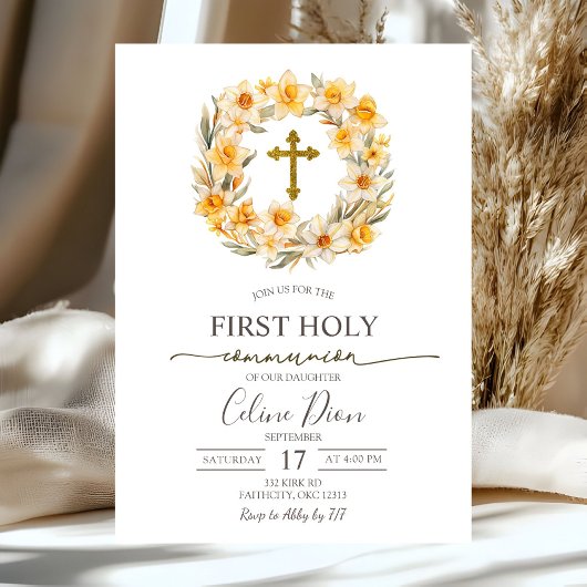Spring Floral Daffodil Wreath 1st Holy Communion Einladung