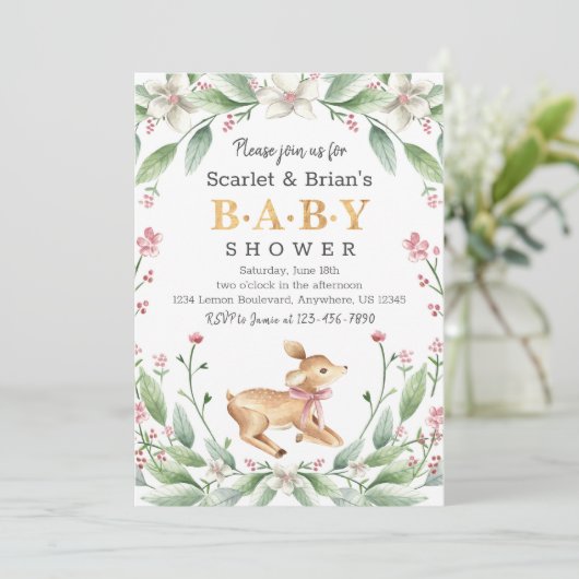 Spring Floral Fawn Woodland Wild Deer Baby Shower Einladung (Stehend Vorderseite)