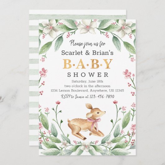 Spring Floral Fawn Woodland Wild Deer Baby Shower Einladung (Vorne/Hinten)