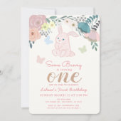 Spring Floral Pink Bunny Girl's 1st Birthday Einladung (Vorderseite)