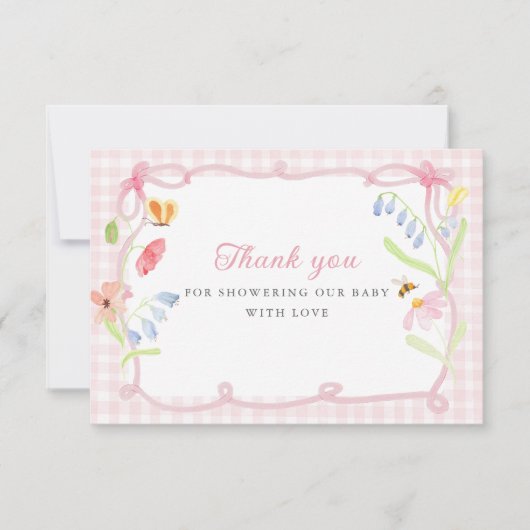 Spring Floral Pink Gingham Baby Shower Dankeskarte (Vorderseite)