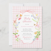 Spring Floral Pink Gingham Baby Shower Einladung (Vorderseite)