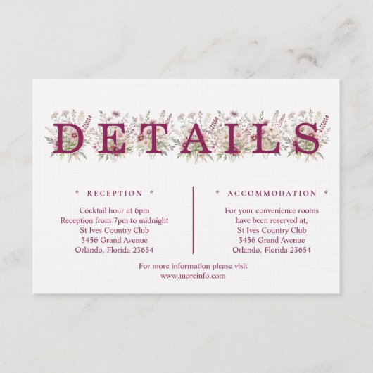 Spring Floral Wine Details Enclosure Card Begleitkarte (Vorderseite)