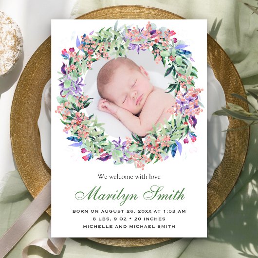 Spring Floral Wreath Foto Birth Announcement Ankündigung