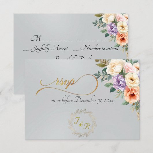 Spring Floral & Wreath - Silver RSVP Karte (Vorne/Hinten)