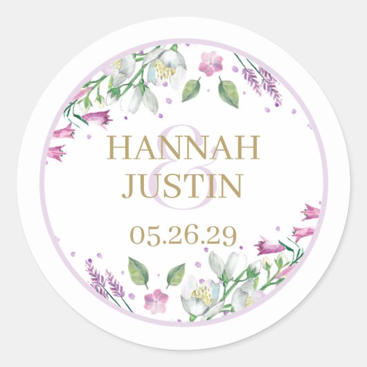Spring Florals Elegante Typografie Hochzeit Runder Aufkleber (Vorderseite)