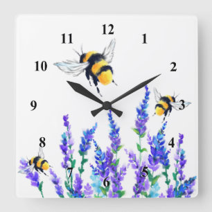 Spring Flowers and Bees Flying Wall Clock Quadratische Wanduhr