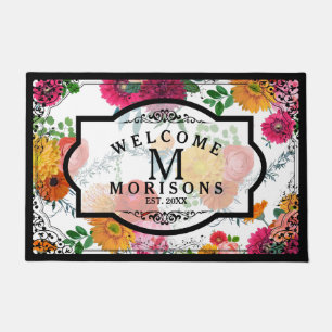 Spring Flowers & Black Vintage Floral Frame Fußmatte