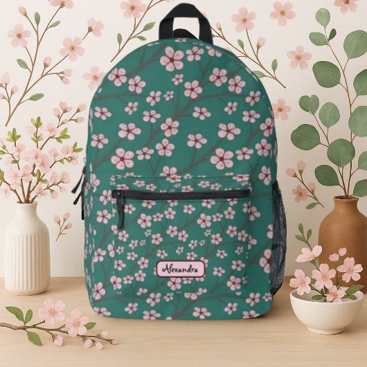 Spring flowers cherry blossom green seamless bedruckter rucksack