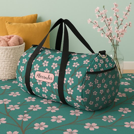 Spring flowers cherry blossom green seamless duffle bag