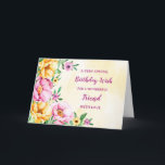 Spring Flowers Friend Geburtstagskarte Karte<br><div class="desc">Hübsche und nachdenkliche Begrüßungskarte zum Geburtstag Ihres Freundes mit gelben,  lila und rosa Frühlingsblumen,  rustikalem Aquarellmuster und handgeschriebenem Stiltext.</div>