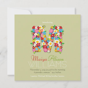 Spring Flowers Monogram Baby Girl Foto Birth Ankündigung