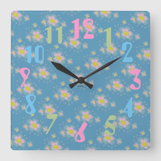 Spring Flowers (pink/blue) Quadratische Wanduhr (Vorderseite)