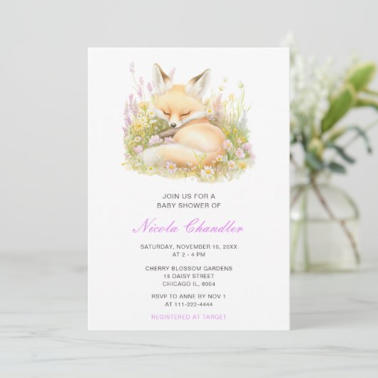 Spring Fox Baby Dusche Einladung (Stehend Vorderseite)