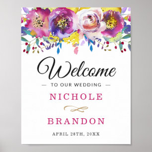 Spring Fuchsia Gold Aquarellfarben Blumenzettel Poster