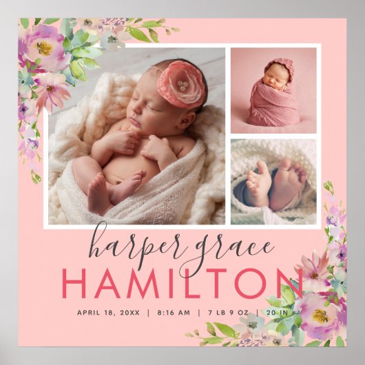 Spring Garden Baby Birth Stats Foto Collage Poster (Vorne)