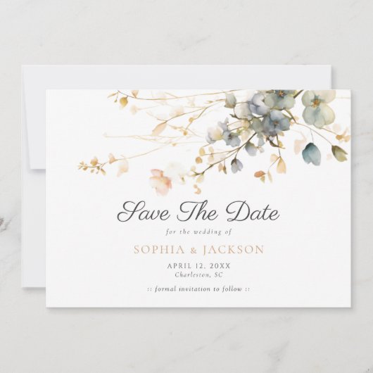 Spring Garden Boho Wildblumen Beige Blue Wedding Save The Date (Vorderseite)
