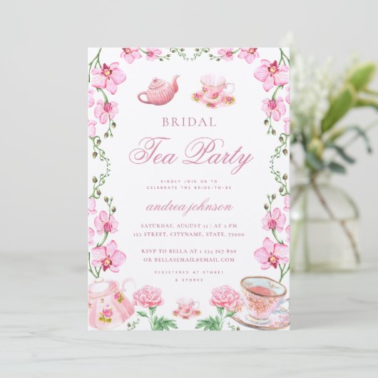 Spring Garden Floral Pink Tee Party Brautparty Einladung (Stehend Vorderseite)